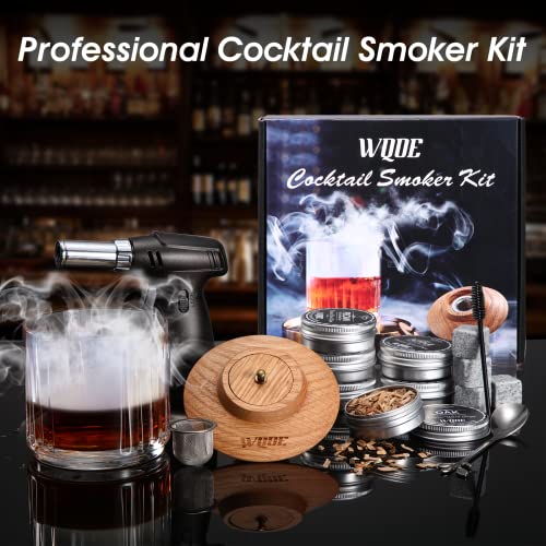 WQOE Cocktail Smoker Kit with Torch – 6 Flavors Wood Chips, Old Fashioned Smoker Kit for Infuser Whiskey, Cocktail, Bourbon, Whiskey Gifts for Men, Dad, Husband（No Butane）