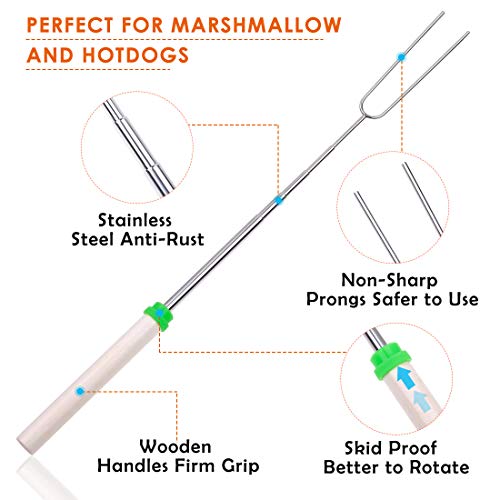 Marshmallow Roasting Sticks, Smores Sticks for Fire Pit with Wooden Handle, Stainless Steel Telescoping Roasting Sticks, 32 Inch Extendable BBQ Forks for Fire Pit, Campfire and Sausage BBQ Set of 8