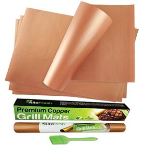 premium large copper grill and bake mats set of 4 with oil brush – 15.75 x 13 inches – non stick bbq grill mats for grilling & baking on gas, charcoal, and bbq grills – easy to clean and reusable