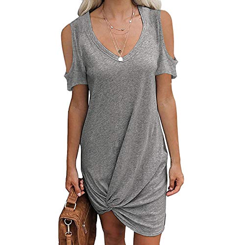 Women's 2021 Summer Boho Maxi Dress V-Neck Short Sleeve Solid Color Off-the-shoulder Dress Maternity Prom Dress (Gray, XL)