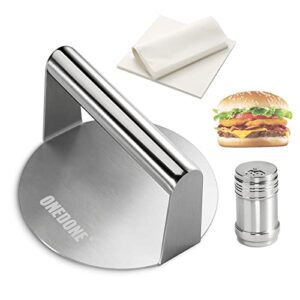 onedone burger press stainless steel smash burger press 5.5 inch burger smasher for griddle w/seasoning shaker & 100 patty paper, burger iron grill press