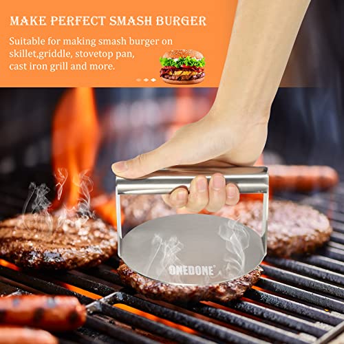 ONEDONE Burger Press Stainless Steel Smash Burger Press 5.5 inch Burger Smasher for Griddle w/Seasoning Shaker & 100 Patty Paper, Burger Iron Grill Press