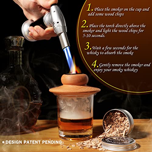 Whiskey Smoker Kit with Torch, Cocktail Smoker Kit, Old Fashioned/Bourbon/Drink Smoker Infuser Kit with 6 Flavors of Wood Chips. Christmas Gift for your Father, Friend and Loved.（No Butane）