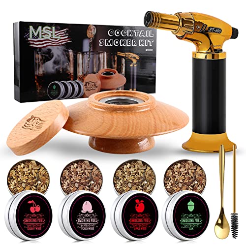 Cocktail Smoker Kit with Torch, Four Kinds of Wood Smoker Chips for Whiskey & Bourbon Spoon & Cleaning Brush- Old Fashioned Smoker Kit with Elegant Golden Design- Cheese, Meat & Whiskey Smoker Kit