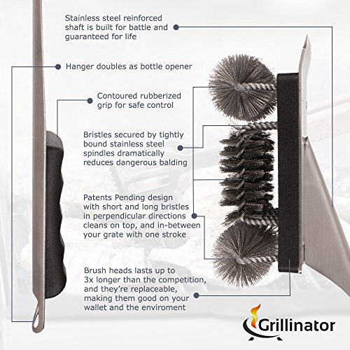 Grillinator 18" BBQ Grill Brush for Charcoal, Pellet, Infrared & Gas Grills - Dual Direction Steel Bristles Clean & Scrape The Entire Grill at The Same Time - Steel Handle & Replaceable Heads