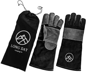 long day camping co. 16 inch heat resistant wood fire gloves/mitts for grill/oven/fireplace/bbq/smoker/mig/welding/forge grey black