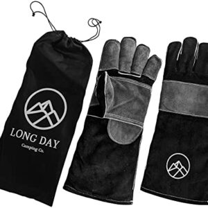 Long Day Camping Co. 16 inch Heat Resistant Wood fire Gloves/Mitts for Grill/Oven/Fireplace/BBQ/Smoker/Mig/Welding/Forge Grey Black