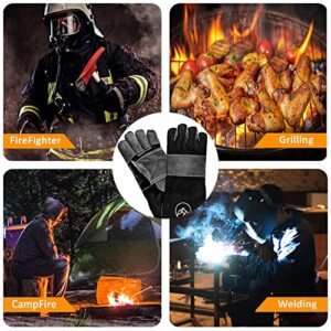 Long Day Camping Co. 16 inch Heat Resistant Wood fire Gloves/Mitts for Grill/Oven/Fireplace/BBQ/Smoker/Mig/Welding/Forge Grey Black