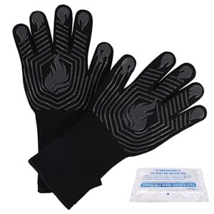 bbq gloves, 1472°f heat resistant gloves fireproof mitts，grilling gloves silicone non-slip washable oven gloves, kitchen gloves for barbecue, grilling, cooking, baking, camping, smoker (black)