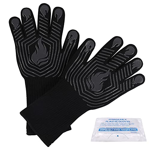 BBQ Gloves, 1472°F Heat Resistant Gloves Fireproof Mitts，Grilling Gloves Silicone Non-Slip Washable Oven Gloves, Kitchen Gloves for Barbecue, Grilling, Cooking, Baking, Camping, Smoker (Black)