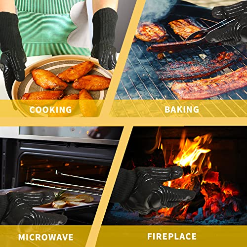 BBQ Gloves, 1472°F Heat Resistant Gloves Fireproof Mitts，Grilling Gloves Silicone Non-Slip Washable Oven Gloves, Kitchen Gloves for Barbecue, Grilling, Cooking, Baking, Camping, Smoker (Black)