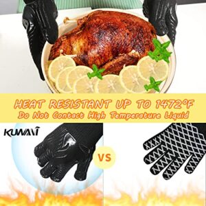 BBQ Gloves, 1472°F Heat Resistant Gloves Fireproof Mitts，Grilling Gloves Silicone Non-Slip Washable Oven Gloves, Kitchen Gloves for Barbecue, Grilling, Cooking, Baking, Camping, Smoker (Black)