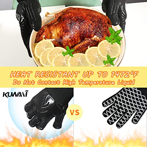 BBQ Gloves, 1472°F Heat Resistant Gloves Fireproof Mitts，Grilling Gloves Silicone Non-Slip Washable Oven Gloves, Kitchen Gloves for Barbecue, Grilling, Cooking, Baking, Camping, Smoker (Black)