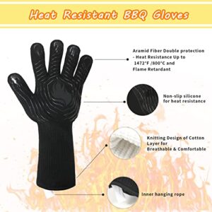 BBQ Gloves, 1472°F Heat Resistant Gloves Fireproof Mitts，Grilling Gloves Silicone Non-Slip Washable Oven Gloves, Kitchen Gloves for Barbecue, Grilling, Cooking, Baking, Camping, Smoker (Black)