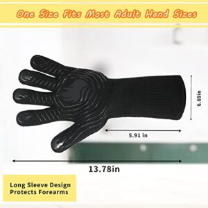 BBQ Gloves, 1472°F Heat Resistant Gloves Fireproof Mitts，Grilling Gloves Silicone Non-Slip Washable Oven Gloves, Kitchen Gloves for Barbecue, Grilling, Cooking, Baking, Camping, Smoker (Black)