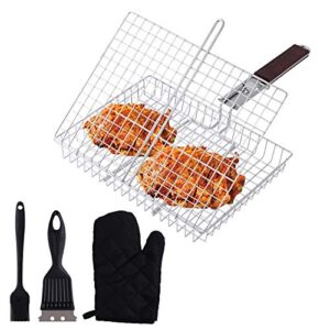 green science portable grill basket – food grade 304 stainless steel bbq barbecue tool with handle for outdoor – steak, meat, fish, shrimp, pork, vegetables grilling basket