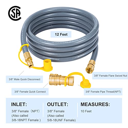 Suppmen Natural Gas Hose 12 Feet Quick Connect/Disconnect Fittings 3/8 Female Pipe Thread x 3/8 Female Swivel Flare Low Pressure for Grill Heater Fire Pit Stove etc.as Parts and Accessories…