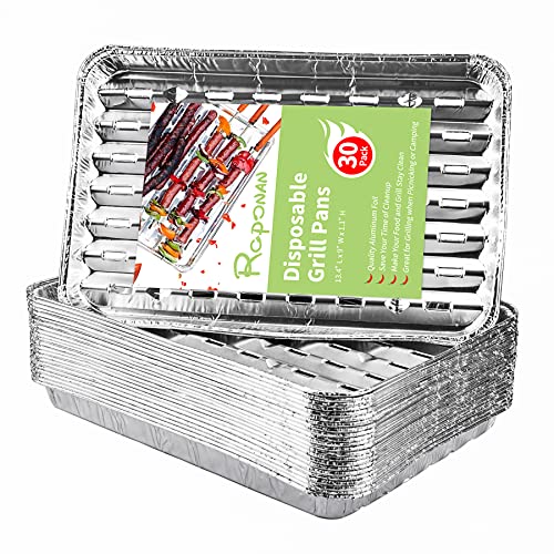 Roponan 30-Pack Disposable Grill Toppers, Aluminum Foil Grill Pans with Holes, Grill Accessories for Barbecue, Outdoor Cooking and Camping