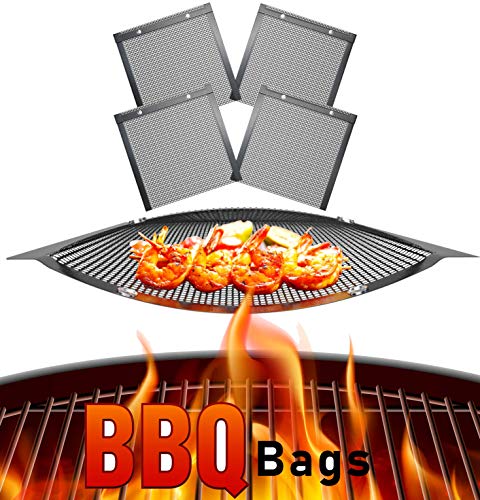 Skywin Mesh Grill Bags 11 x 9 inches - Non Stick Temperature Resistant PTFE Reusable Mesh Barbecue Pouches for Easy BBQ Grilling of Onions Peppers Vegetables Shrimp and More (4 Bags)