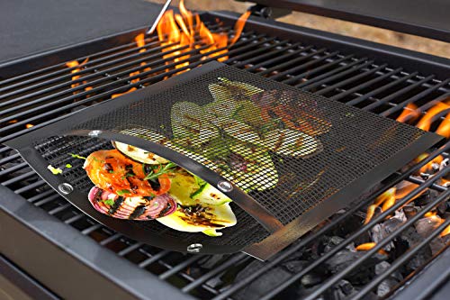 Skywin Mesh Grill Bags 11 x 9 inches - Non Stick Temperature Resistant PTFE Reusable Mesh Barbecue Pouches for Easy BBQ Grilling of Onions Peppers Vegetables Shrimp and More (4 Bags)