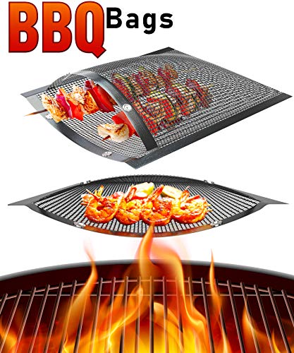 Skywin Mesh Grill Bags 11 x 9 inches - Non Stick Temperature Resistant PTFE Reusable Mesh Barbecue Pouches for Easy BBQ Grilling of Onions Peppers Vegetables Shrimp and More (4 Bags)