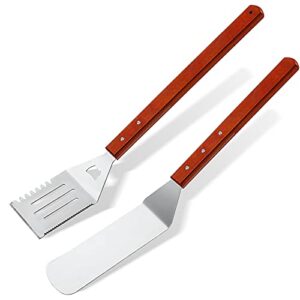 2 pieces bbq extra long grill turner and grill spatula, stainless steel barbecue grilling accessories, slotted spatula and solid kitchen spatula with wooden handle, 20 inch