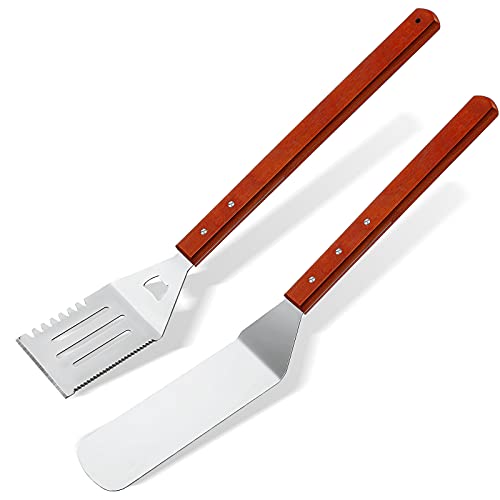 2 Pieces BBQ Extra Long Grill Turner and Grill Spatula, Stainless Steel Barbecue Grilling Accessories, Slotted Spatula and Solid Kitchen Spatula with Wooden Handle, 20 Inch