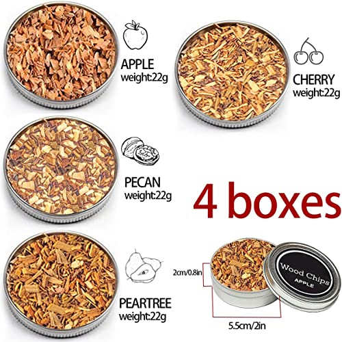 QUKLOGEN Smoking Wood Chips Cherry,Apple,Pecan and Peartree 4 Pack Smoker Infuser Wood Chips Set for Smoke Cocktails,Whisky,Bourbon,Drinks