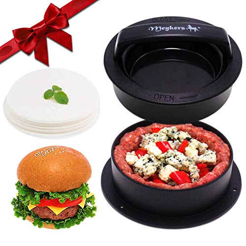 Meykers Burger Press Hamburger Press Patty Maker - with 100 Wax Papers Hamburger Patty Press Burger Mold Non-Stick 3-in-1 for Stuffed Cheeseburger Slider Burger Stuffer Beef Cheese Halal Vegan Grill