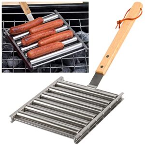 kaycrown hot dog roller stainless steel sausage roller rack with extra long wood handle, bbq hot dog griller for evenly cooked hot dog, 5 hot dog capacity