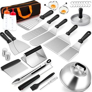 joyfair 30pcs griddle accessories kit, outdoor bbq flattop grill tool set with melting dome for camping grilling teppanyaki, include stainless steel basting cover burger press turner spatula