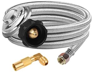 dozyant 6 feet braided propane regulator and hose, qcc1 universal grill regulator replacement parts with 90 degree elbow adapter for blackstone 17 inch and 22 inch tabletop griddle grill