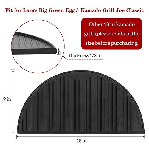 KAMaster 18" Half Moon Cast Iron Reversible Griddle for Large Big Green Egg and Other 18in Kamado Grills BGE Cooking Grate BBQ Accessories