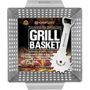 homeflowz heavy duty grill basket – large vegetable grill basket for more veggies – stainless steel grilling basket – grill baskets for outdoor grill -perfect bbq basket for all grills and vegetable