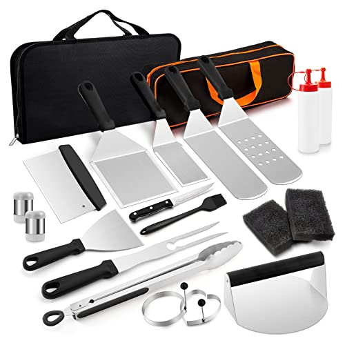 21Pcs Griddle Accessories Kit, HaSteeL Stainless Steel Griddle Spatula Tools with Portable Bag, Heavy Duty Metal Spatula Chopper/Bacon Press/Scraper/Burger Turner for Flat Top Cast Iron BBQ Grill