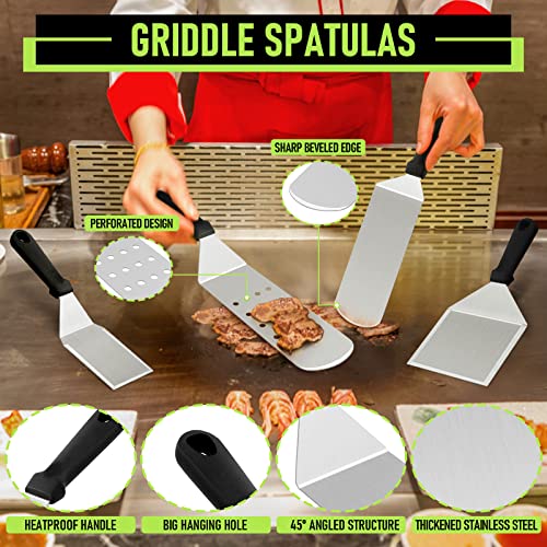 21Pcs Griddle Accessories Kit, HaSteeL Stainless Steel Griddle Spatula Tools with Portable Bag, Heavy Duty Metal Spatula Chopper/Bacon Press/Scraper/Burger Turner for Flat Top Cast Iron BBQ Grill