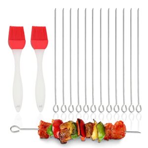 kabob skewers, stainless steel shish grilling skewers set, bbq barbecue shish kabob sticks skewers for grilling meat shrimp chicken vegetable, 12pcs shish kabob skewers + 2pcs bonus silicone brush