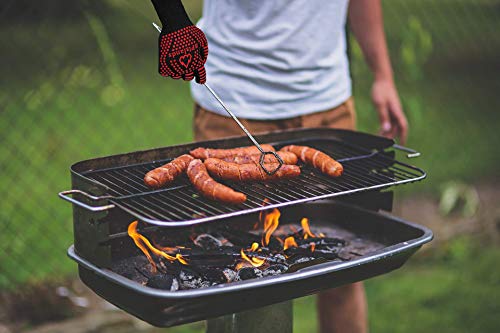 BBQ Heat Resistant Gloves 1472℉ for Men and Women - Extreme Heat Proof Grills Glove with Non-Slip Silicon for Grilling, Cooking, Baking for Oven, Grill, Smoker (Medium and Large, Black-Red)