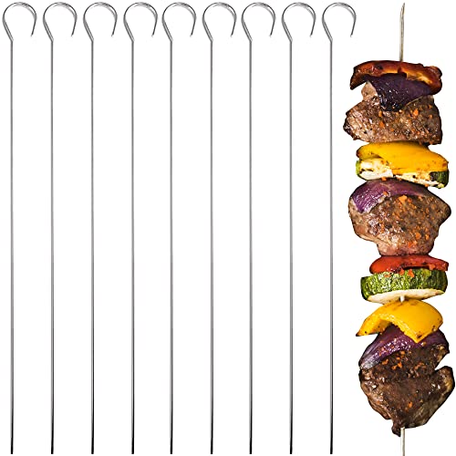 Flat Metal Kabob Skewers for Grilling - 8" BBQ Skewers Stainless Steel with Storage Bag - Set of 9 Dishwasher Safe Flat Metal Skewer Set for Grilling with Hook Handle & Sharp Tip by O-Yaki