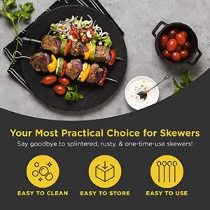 Flat Metal Kabob Skewers for Grilling - 8" BBQ Skewers Stainless Steel with Storage Bag - Set of 9 Dishwasher Safe Flat Metal Skewer Set for Grilling with Hook Handle & Sharp Tip by O-Yaki