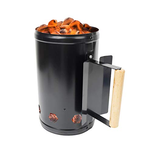 HiwowSport Charcoal Chimney Starter for Outdoor Cooking Barbecue BBQ Quick Rapid Fire Briquette Starters Can Black with Wooden Handle