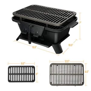 ORALNER Cast Iron Hibachi Grill, Portable Tabletop Grill with Double-Sided Grill Net, 2 Heights, Air Control & Coal Door, Small Outdoor BBQ Charcoal Grills, for Camping, Picnic