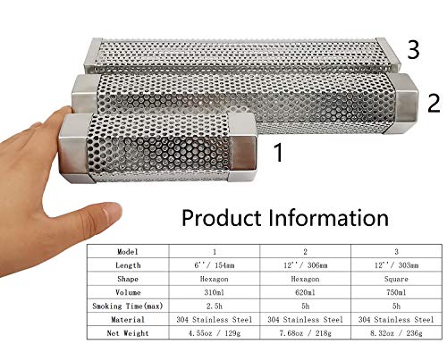 Smoker Smoke Tube Box for Pellets Grill, 304 Stainless Steel BBQ Cold Smoker Generator Tube, 2.5 Hours of Billowing Hot or Cold Smoking - 6" Hexagon