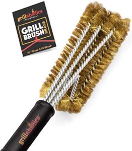 grillaholics essentials brass grill brush – softer brass bristle wire grill brush for safely cleaning porcelain and ceramic grates – lifetime manufacturer’s warranty