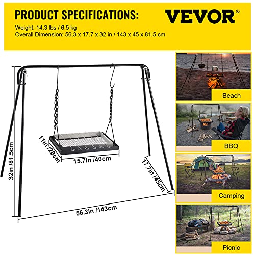 VEVOR Grill Swing, Campfire Cooking Stand 44 Lbs Capacity, 32'' Height Campfire Grill Stand with Adjustable Legs, BBQ Grill with Hooks & & Accessories for Cookware & Dutch Oven