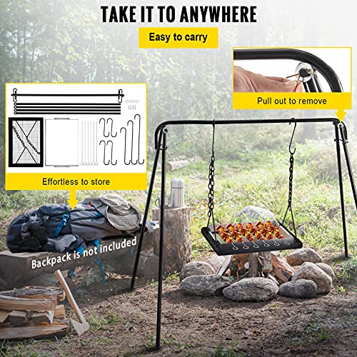 VEVOR Grill Swing, Campfire Cooking Stand 44 Lbs Capacity, 32'' Height Campfire Grill Stand with Adjustable Legs, BBQ Grill with Hooks & & Accessories for Cookware & Dutch Oven