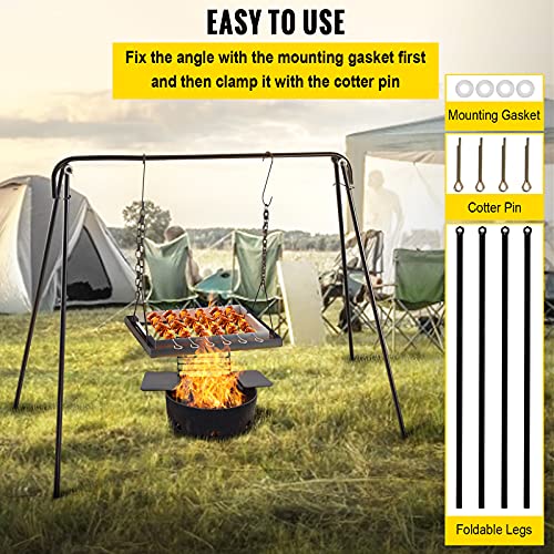 VEVOR Grill Swing, Campfire Cooking Stand 44 Lbs Capacity, 32'' Height Campfire Grill Stand with Adjustable Legs, BBQ Grill with Hooks & & Accessories for Cookware & Dutch Oven