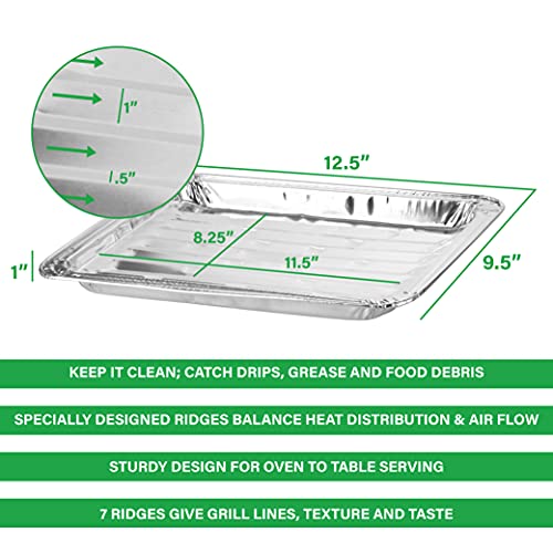 PARTY BARGAINS 24 Aluminum Broiler Pans - 11.5 X 8.25 X 1 Inches, with ribbed bottom. 7 Ridges 0.5 high, 1 inch apart. Heavy Duty Aluminum Disposable Grill Pans. for Cooking, Roasting. BBQ, Picnic