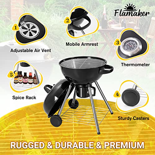 Flamaker 22 Inch Charcoal Grill Enamel Premium Charcoal Grill with Bakeware Clips Chrome Plated Iron Grill Ash Catcher Thermometer Spice Rack for Outdoor BBQ Camping