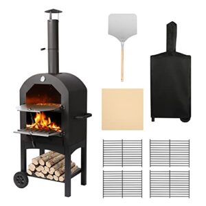 xilingol outdoor pizza oven, wood fired pizza oven for outside, large pizza ovens with 4 steel pizza grills, 2 removable wheels, 12″ pizza stone, pizza spatula, waterproof cover for patio backyard
